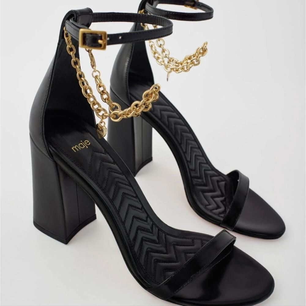 NEW Maje Feverlow Black Patent Leather Gold Chain Heart High Heel Sandals EU 39 - Picture 4 of 15